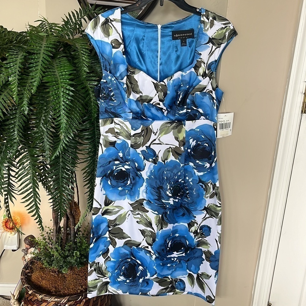 Brand New Connected Apparel Blue & White Floral Cap Sleeve Spring Easter Dress